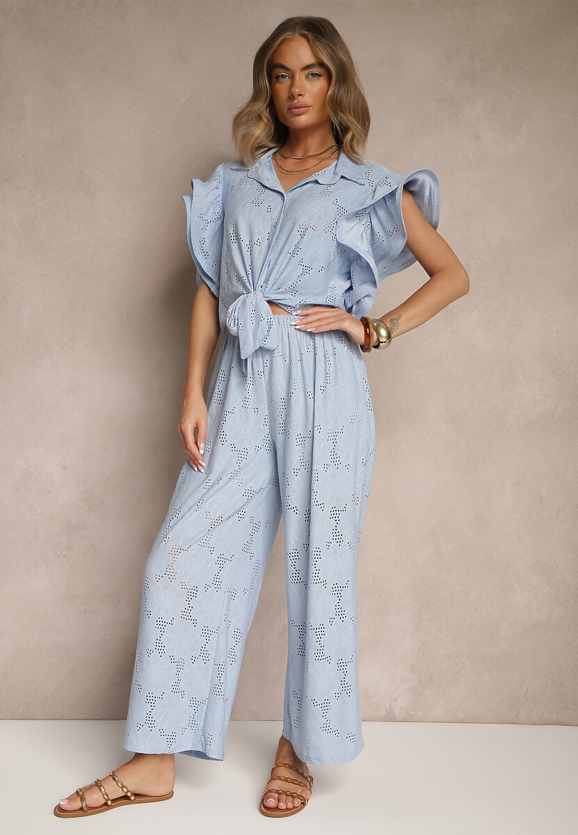 Niebieski Komplet Ażurowy Bluzka o Koszulowym Kroju i Spodnie z Szeroką Nogawką Linaniria