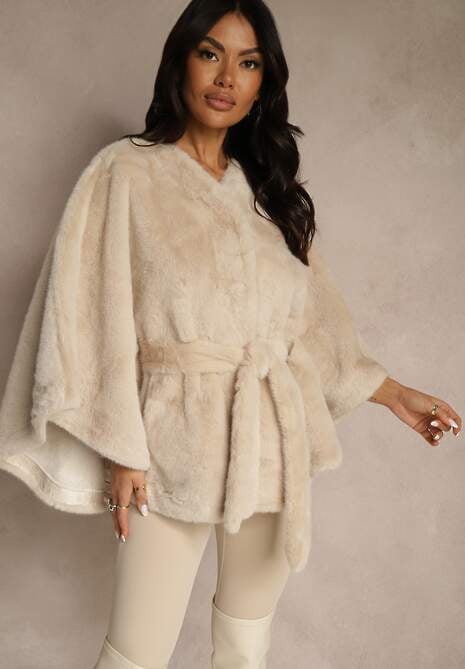 Beżowe Futerkowe Ponczo Ozdobione Paskiem Monareva