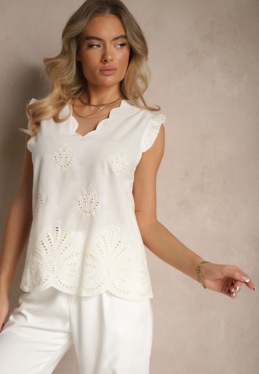Biała Bawełniana Bluzka z Ażurowym Wzorem i Falbankami Areina