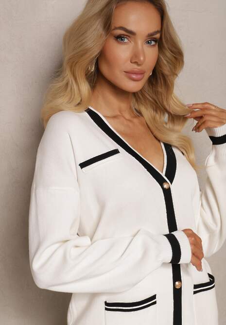 Biały Wiskozowy Komplet Kardigan na Guziki z Lamówką i Dopasowana Spódnica Tamorin