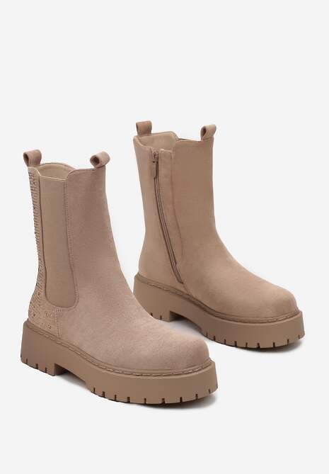 Ciemnobeżowe Botki Sztyblety Grunge na Platformie z Brokatową Wstawką Dugan