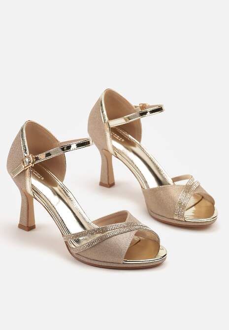 Złote Sandały Vices na Szpilce Ozdobione Cyrkoniami i Brokatem Oviasse