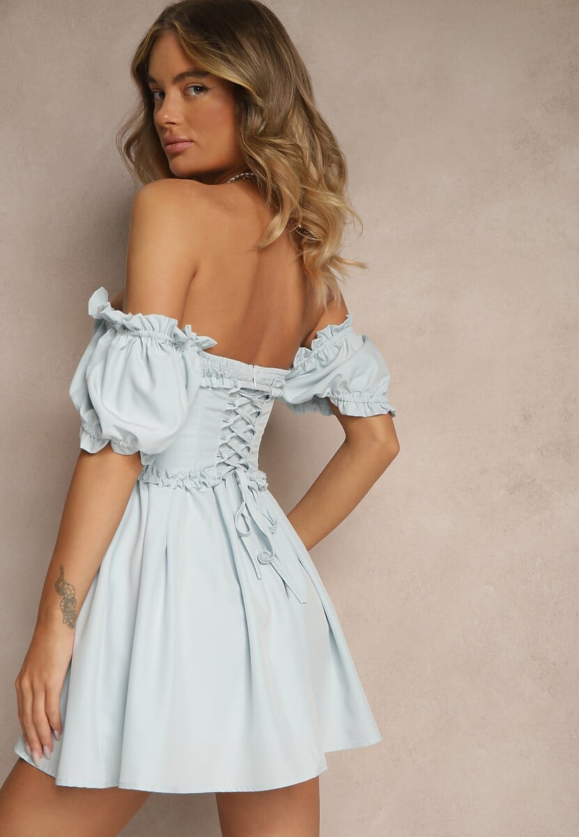 Niebieska Rustykalna Sukienka Vices z Gorsetowym Wiązaniem Tolarina