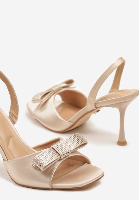 Beżowe Sandały na Szpilce Vices Ozdobione Cyrkoniami i Kokardą Lumissea