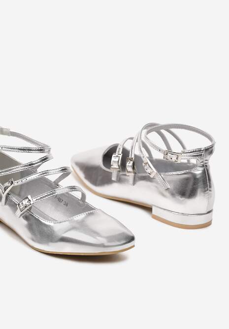Srebrne Balerinki z Paskami Zapinanymi na Sprzączki Prundia