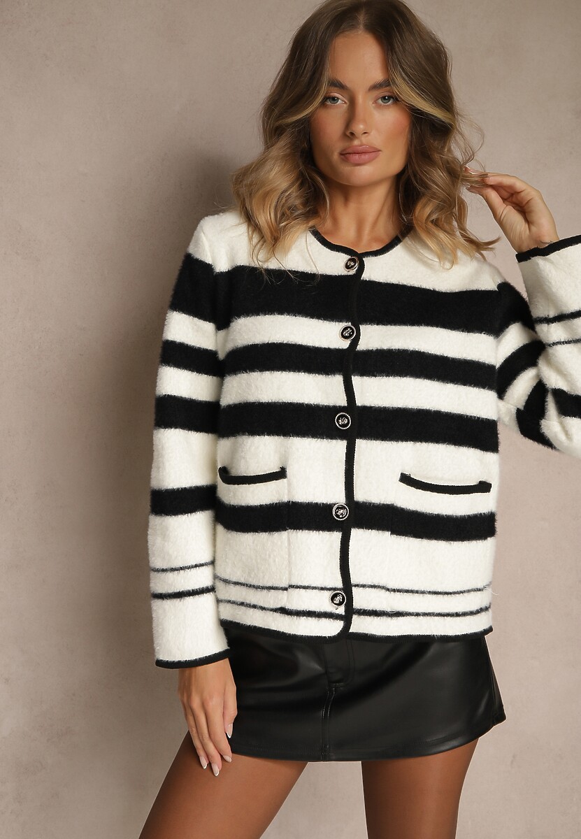 Biało-Czarny Zapinany Kardigan z Wiskozowej Dzianiny w Paski Aiwana