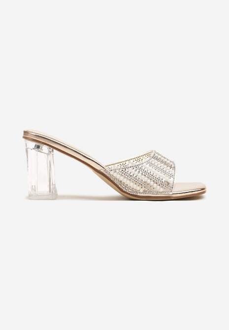 Szampańskie Transparentne Klapki na Słupku Ozdobione Cyrkoniami Sarfia