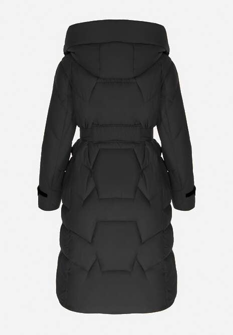Czarna Kurtka Pikowana Długa z Paskiem i Saszetką Cythine