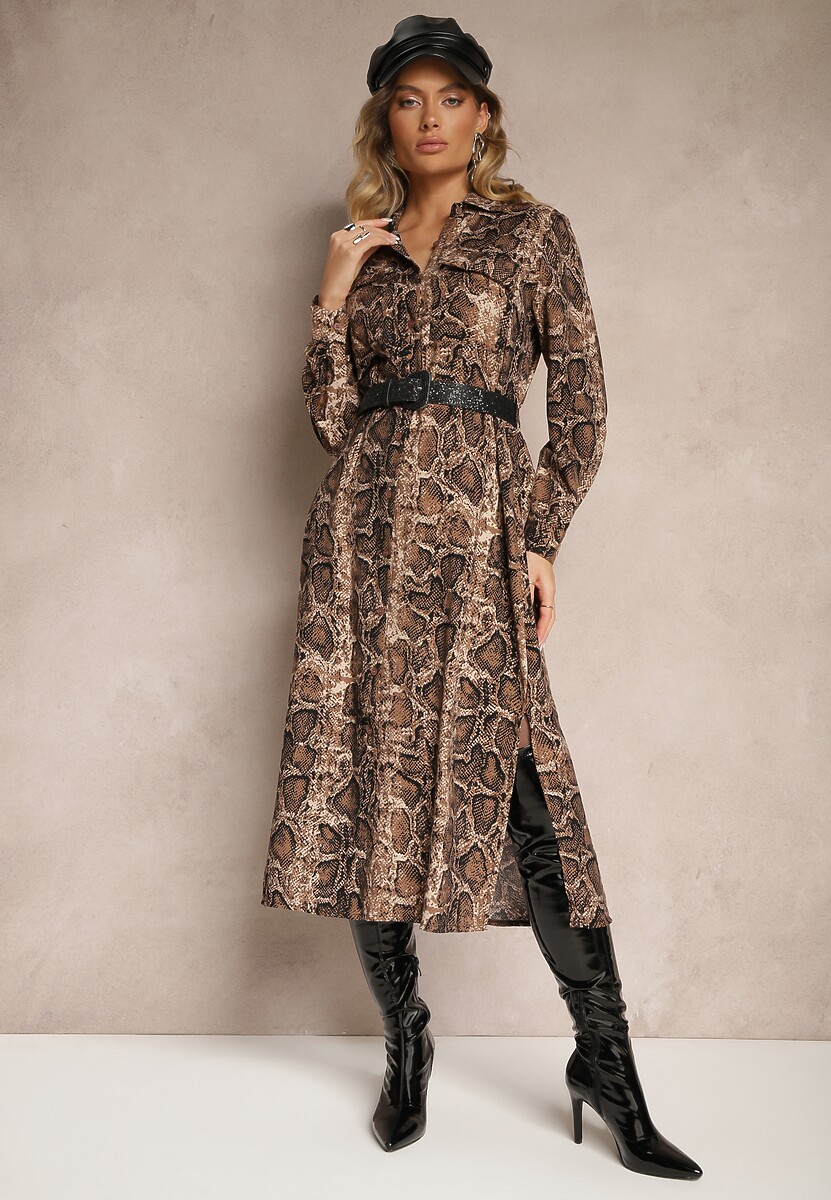 Brązowa Sukienka z Wiskozy o Koszulowym Kroju z Paskiem Zdobiona Wężowym Printem Norinna