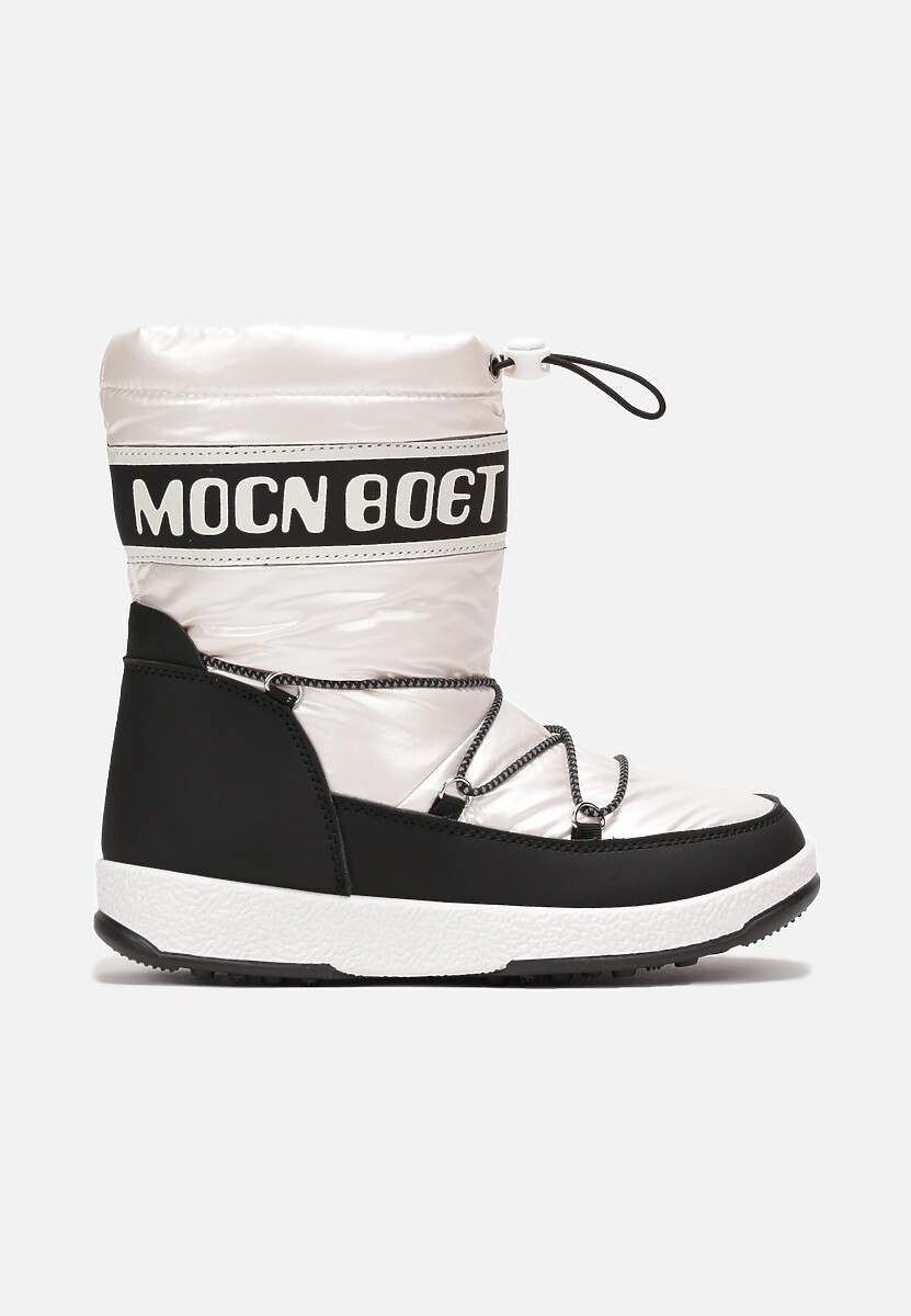 Białe Płaskie Śniegowce Mocno Ocieplone ze Sztucznym Futerkiem Ozdobione Taśmą i Napisem oraz Troczkiem Arenu