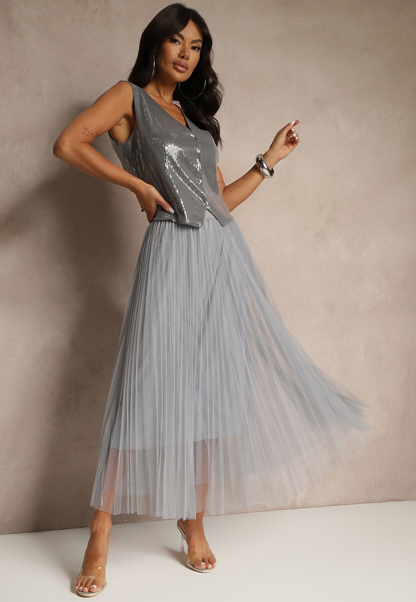 Ciemnoszara Rozkloszowana Spódnica z Tiulu w Kropki Folemia