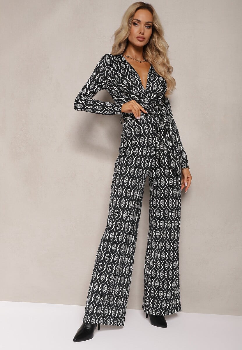 Granatowy Taliowany Kombinezon z Szerokimi Nogawkami i Wiązanym Paskiem Acaelia