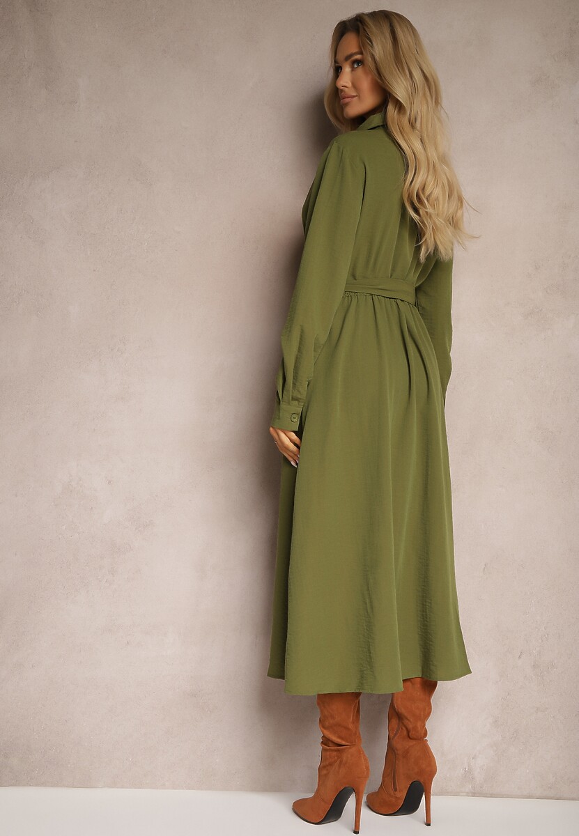 Zielona Koszulowa Sukienka Taliowana z Rozkloszowanym Dołem Nereira