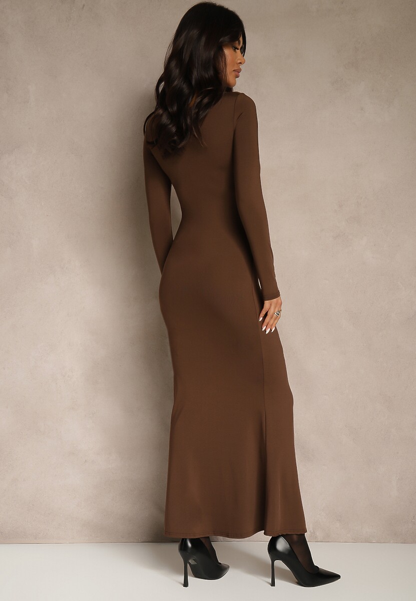 Brązowa Sukienka Koktajlowa z Wiskozą Ozdobiona Metaliczną Aplikacją Refane