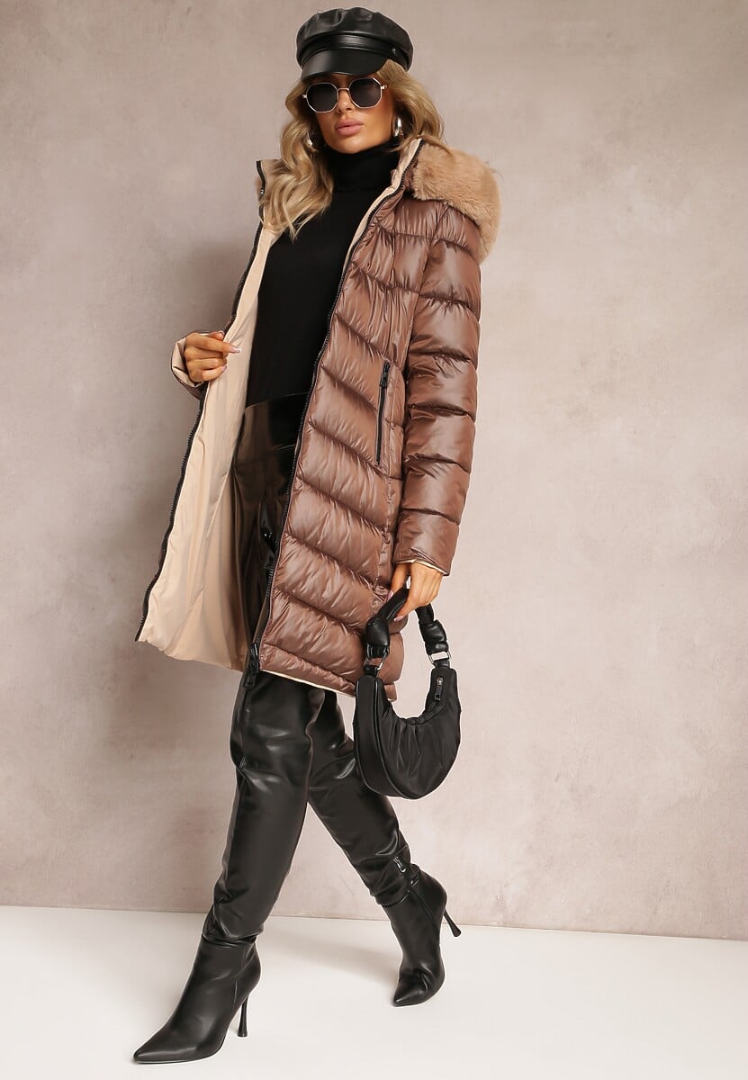 Brązowa Dwustronna Kurtka Płaszcz z Klasycznym Pikowaniem i Kapturem z Futerkiem Nuncos