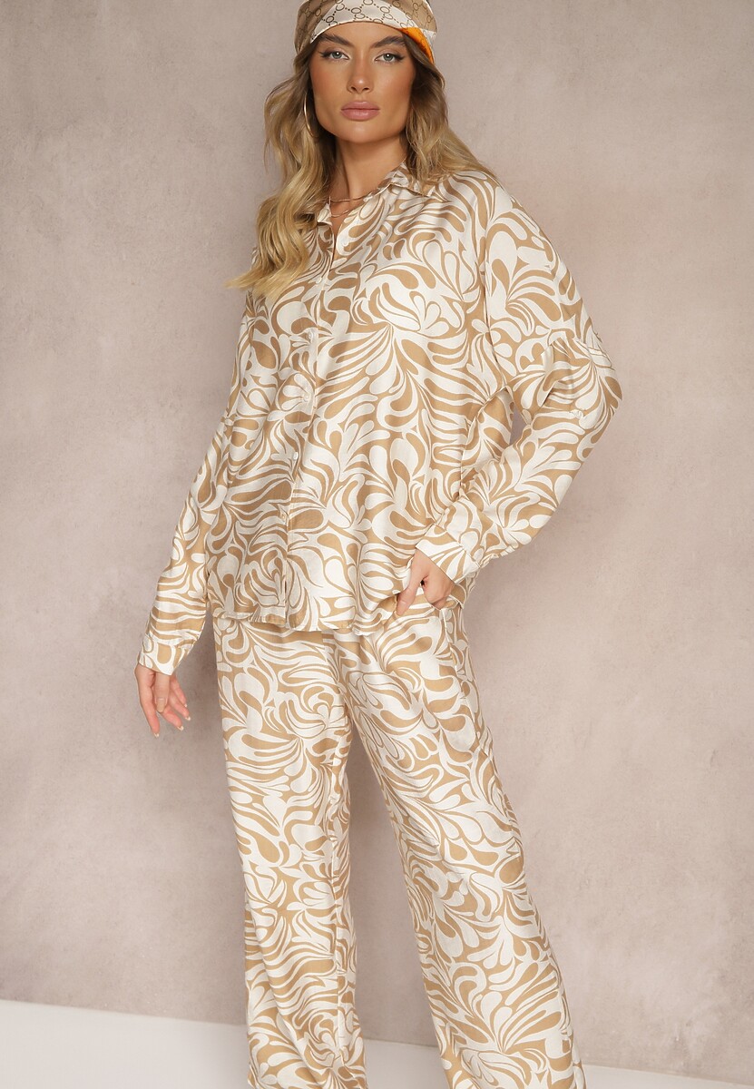 Beżowy Komplet z Dodatkiem Wiskozy Spodnie z Gumką w Talii Koszula z Rękawami z Regulacją Iviria