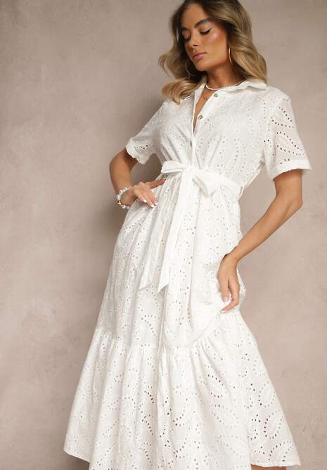 Biała Ażurowa Sukienka z Bawełny Koszulowa Ozdobiona Paskiem Fevorette