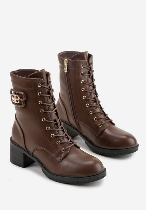 Brązowe Botki Vices o Fasonie Trzewików na Słupku Zdobione Aplikacją Nuvitte