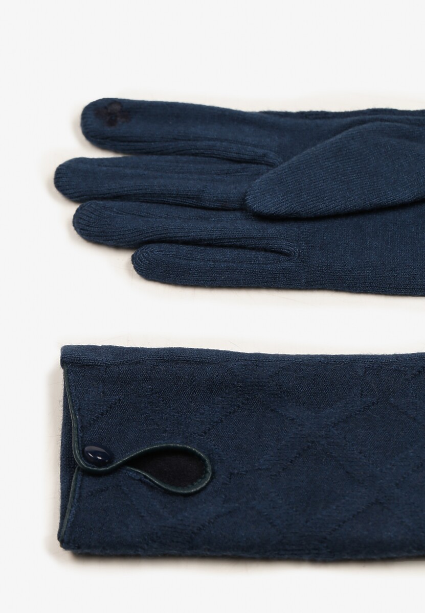 Granatowe  Rękawiczki z Bawełną Ozdobione Rombami i Guzikiem Fenemi