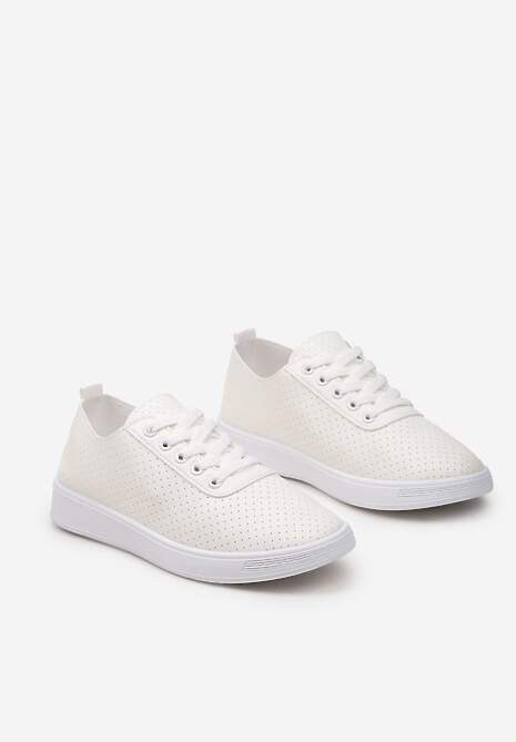 Beżowo-Białe Sznurowane Tenisówki z Ozdobną Taśmą na Tyle i Perforacją Kavinna