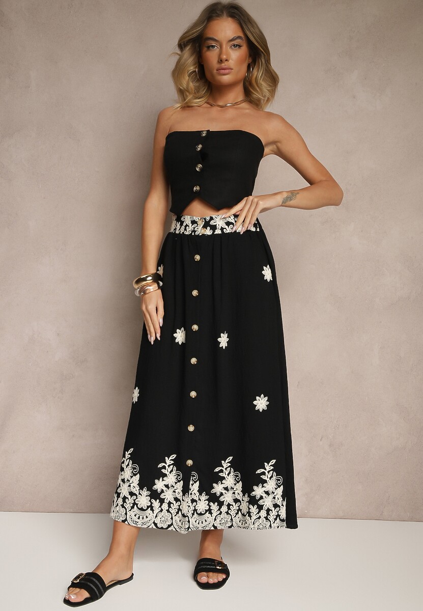 Czarna Rozkloszowana Spódnica z Lnu i Wiskozy Zdobiona Haftem i Guzikami Redira