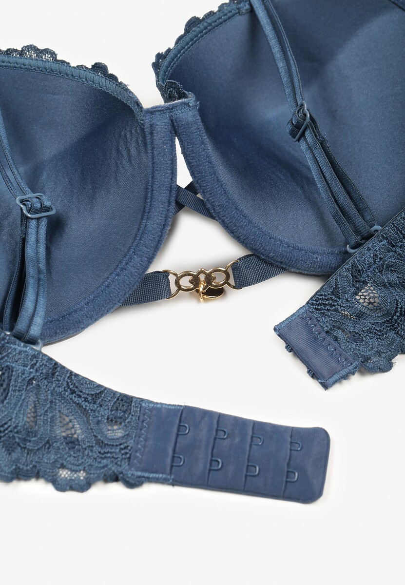 Granatowy Biustonosz Typu Push Up z Koronką i Regulowanymi Podwójnymi Ramiączkami Emavina