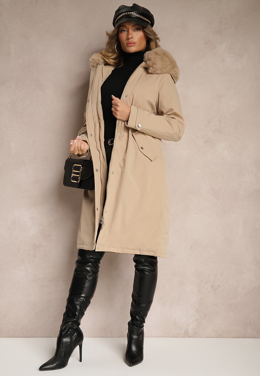Beżowa Długa Kurtka o Fasonie Parki z Futerkiem Edelais