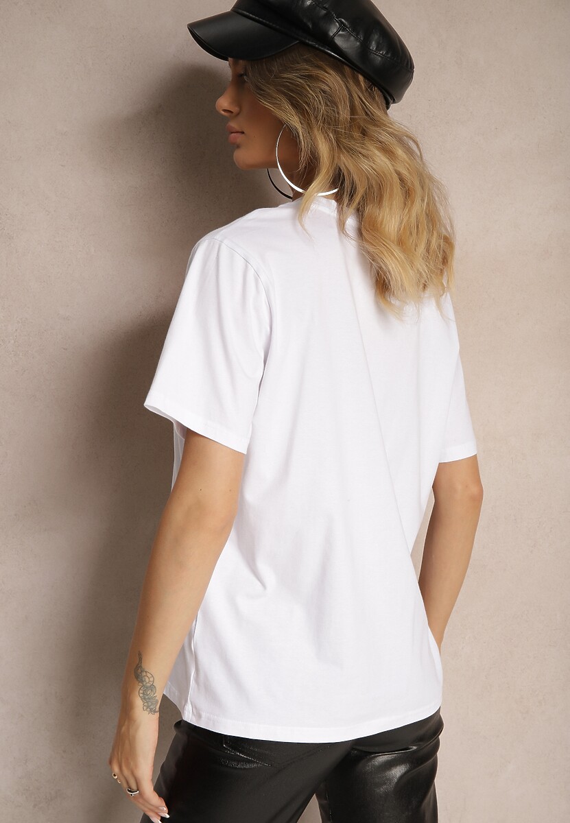 Biały T-shirt z Bawełny z Krótkim Rękawem i Ozdobnymi Cyrkoniami przy Dekolcie Vilefia