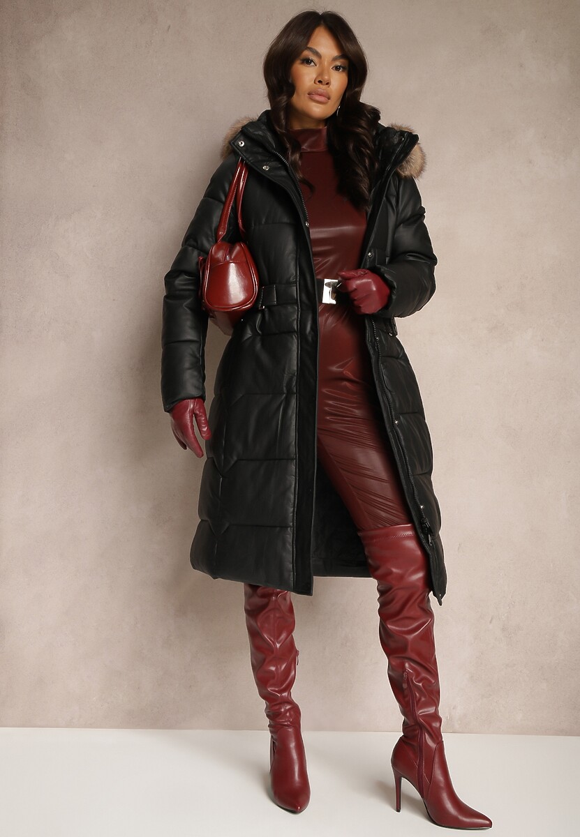 Czarno-Brązowa Kurtka z Pikowanymi Przeszyciami i Kapturem z Futrem z Możliwością Odpięcia Innaia