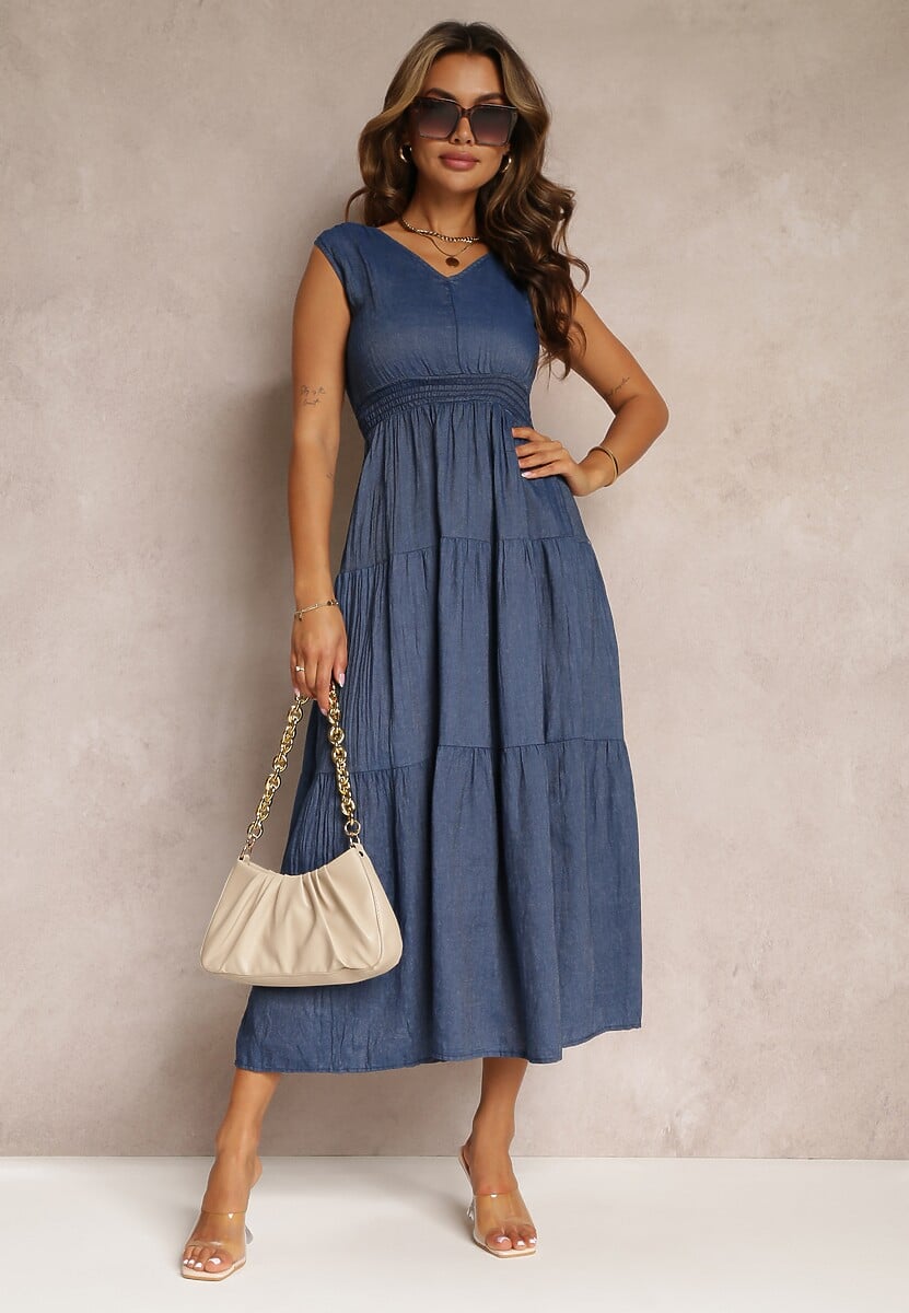 Granatowa Rozkloszowana Sukienka z Falbanką i Wiązaniem na Plecach Rawdyn