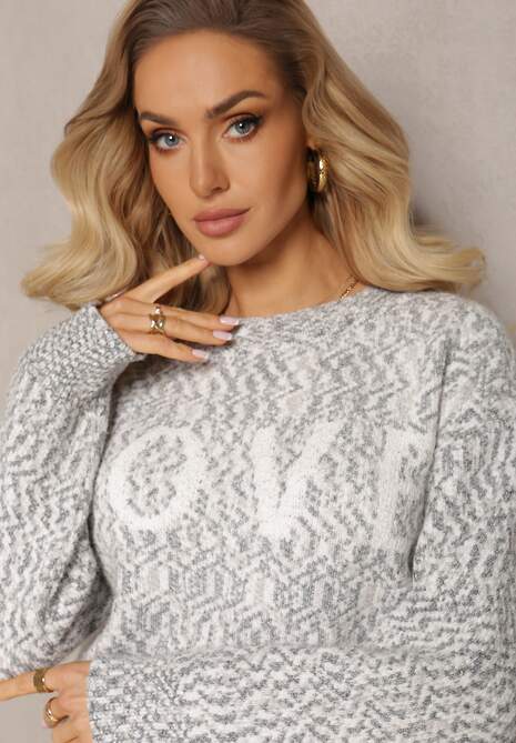 Szary Sweter z Ozdobnym Napisem Wykończony Ściągaczami Minisoji