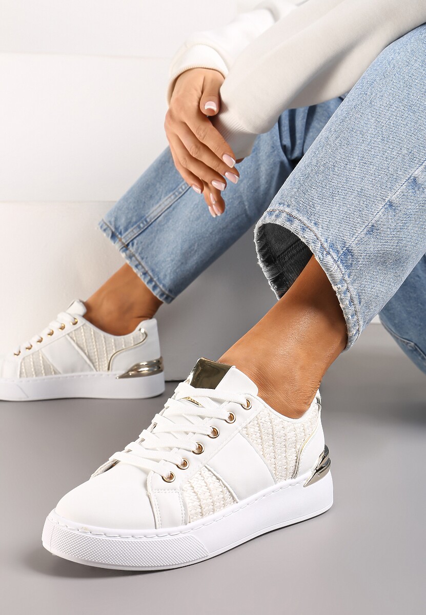 Biało-Różowe Sznurowane Sneakersy z Ekoskóry z Plecionką i Metaliczną Wstawką Josephina