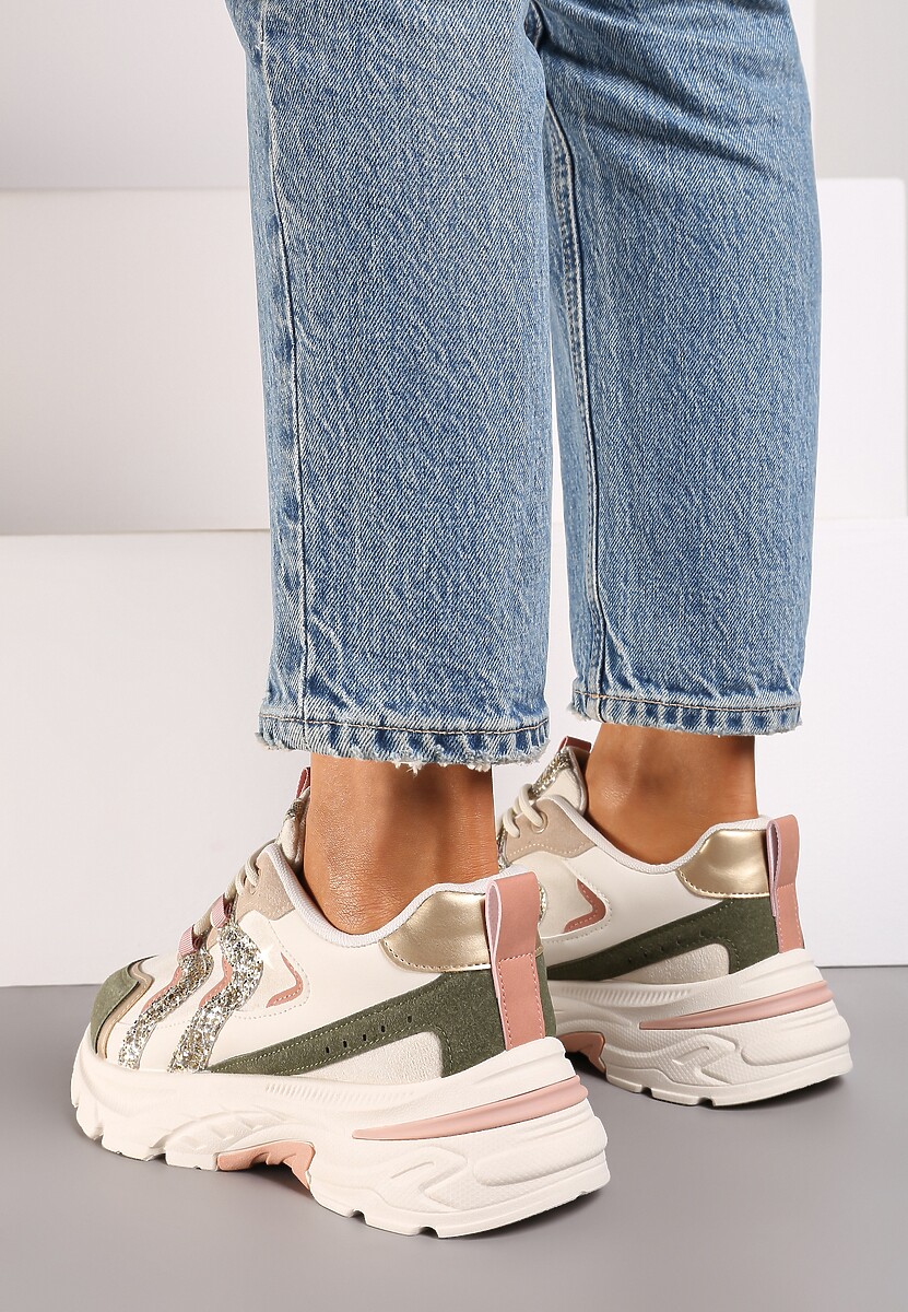 Zielono-Beżowe Sznurowane Sneakersy na Platformie Ozdobione Brokatem Betira