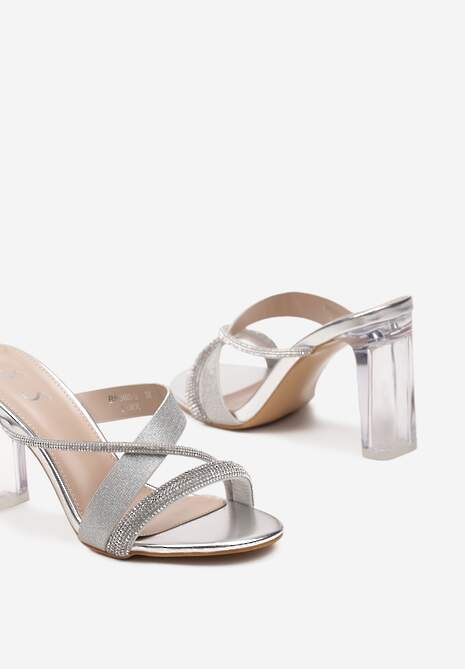 Srebrne Klapki Ozdobione Brokatem i Cyrkoniami z Przezroczystym Obcasem Kavinia