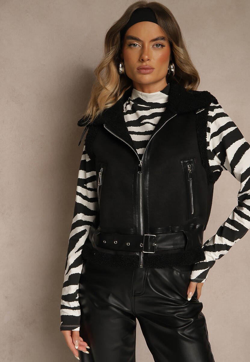 Czarna Kamizelka w Rockowym Stylu z Futerkiem w Stylu Baranka i Klamrą Tiofira