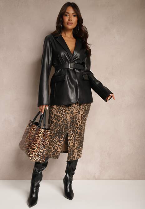 Brązowa Bawełniana Spódnica w Panterkę High Waist z Rozcięciem z Przodu Harilie