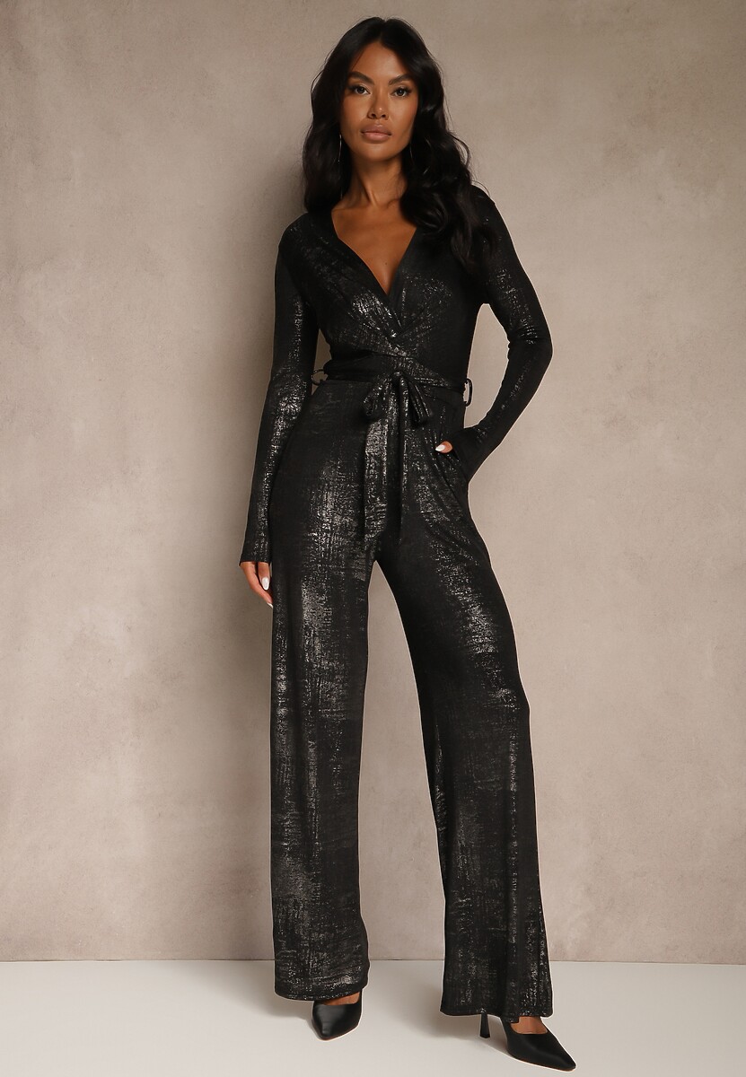 Czarno-Złoty Kombinezon z Wiskozą o Kopertowym Kroju z Wiązanym Paskiem Nalivere