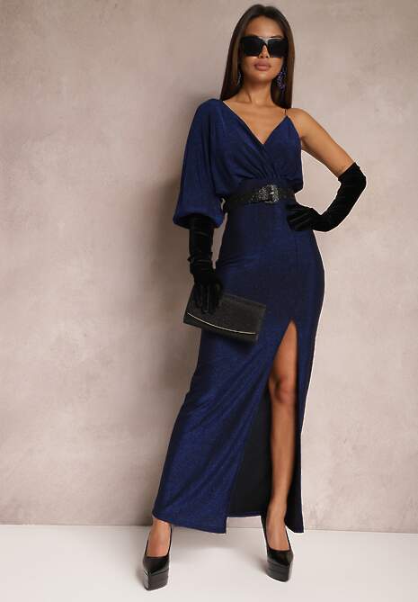 Granatowa Połyskująca Sukienka Maxi o Asymetrycznym Fasonie z Trójkątnym Dekoltem i Rozcięciem Imisnna