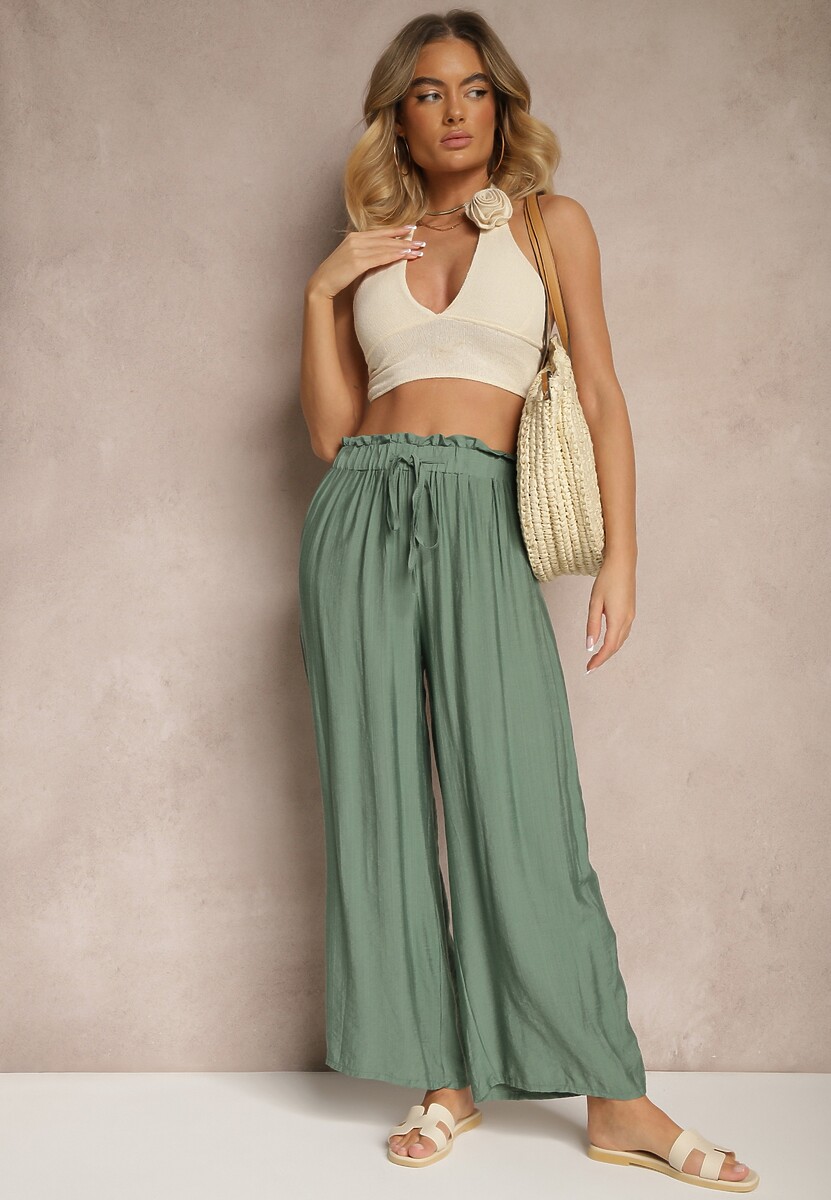 Ciemnozielone Spodnie High Waist o Szerokim Kroju z Wiązaniem Telisiela