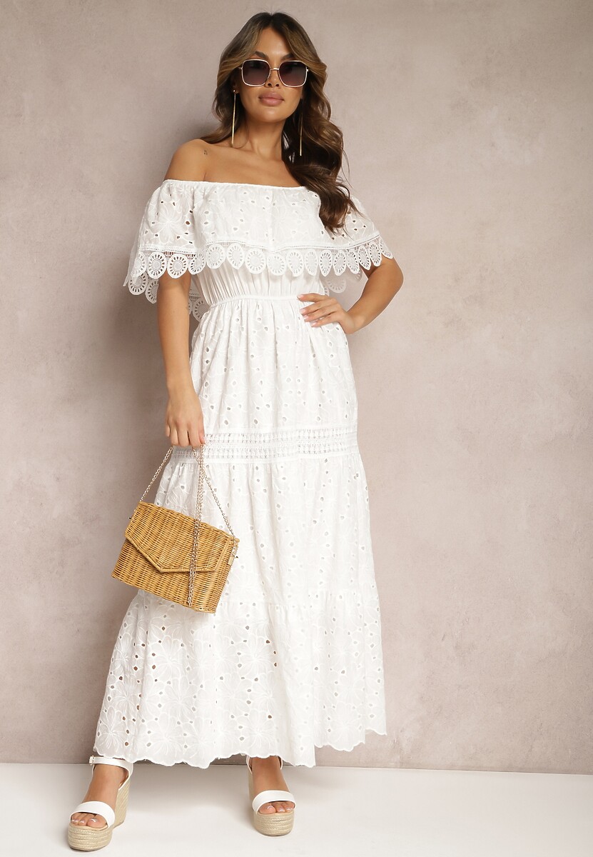 Biała Bawełniana Sukienka Hiszpanka Ażurowa Maxi z Falbankami i Koronką Telavia