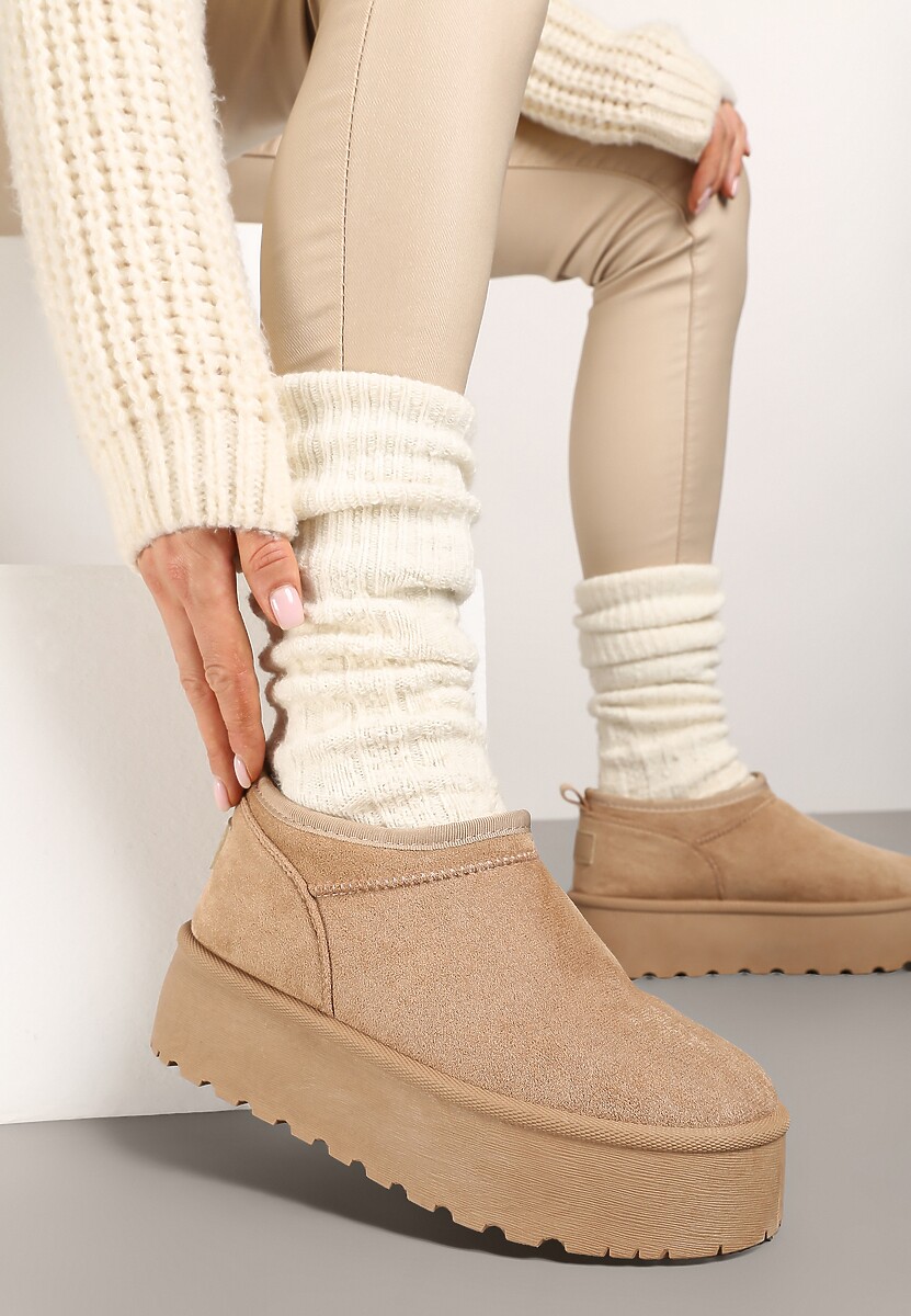 Ciemnobeżowe Śniegowce z Krótką Cholewką na Grubej Podeszwie Werilie