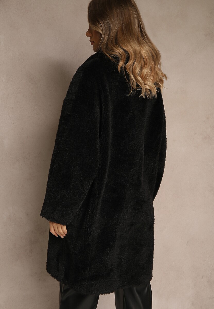Czarny Płaszcz Teddy o Dwurzędowym Kroju Oversize Azzena