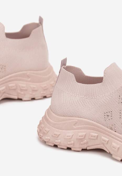 Beżowe Buty Sportowe na Grubej Podeszwie z Elastyczną Cholewką z Cyrkoniami Kolby