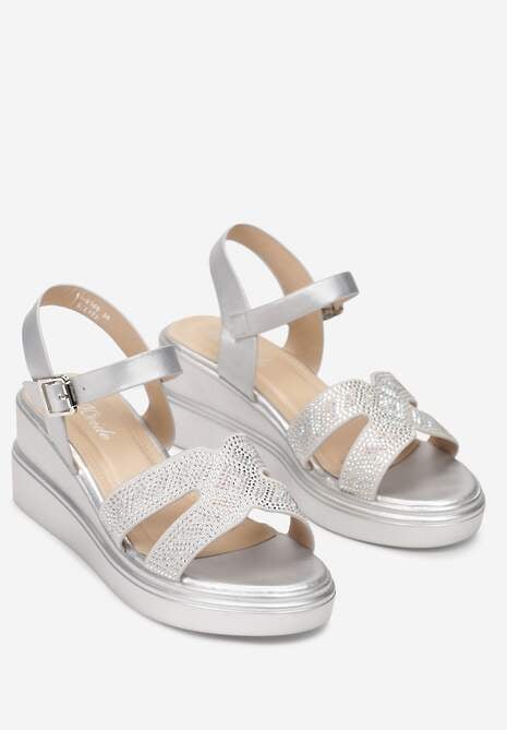 Srebrne Sandały z Paskami w Cyrkonie na Koturnie Ambrie