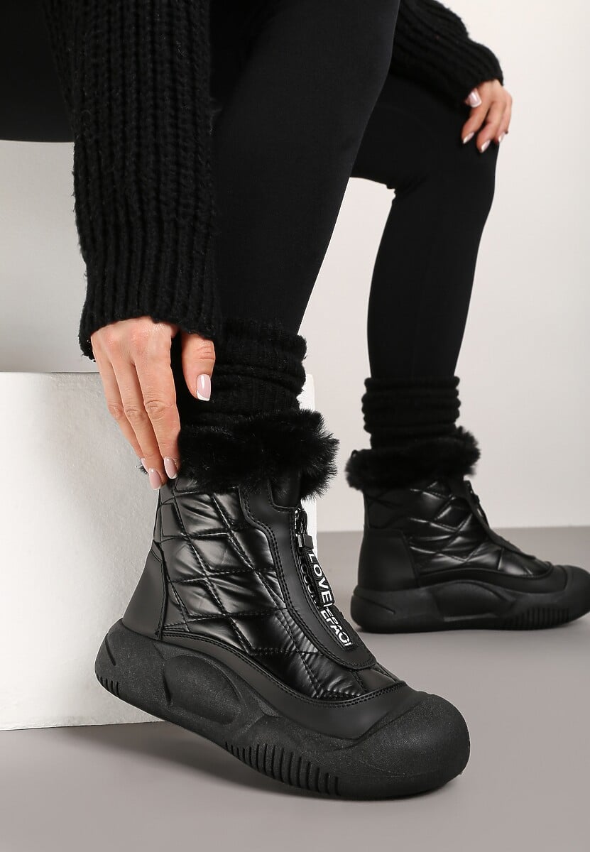 Czarne Śniegowce Vices na Platformie z Pikowaną Cholewką i Futerkiem Gemitana
