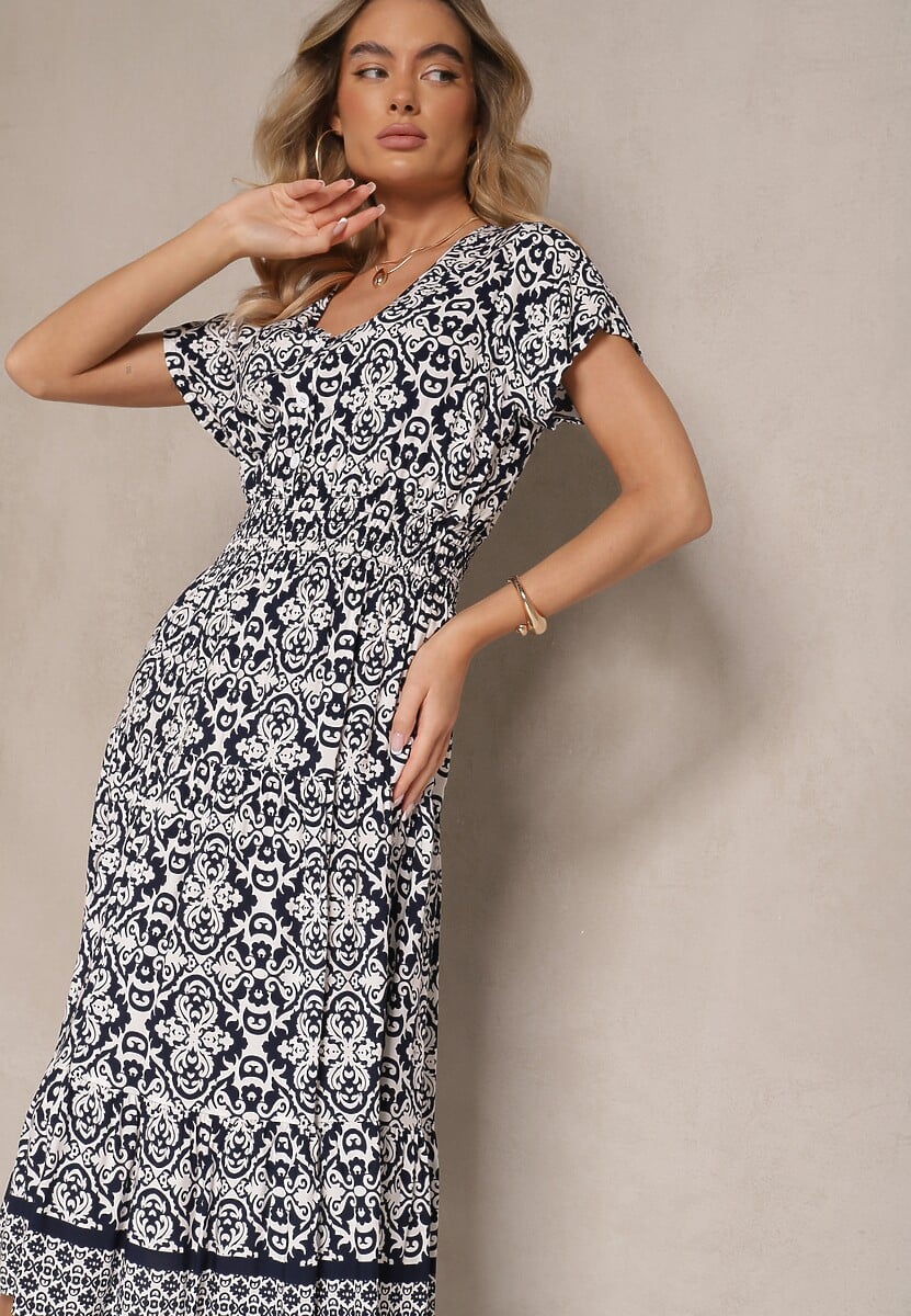 Granatowa Rozkloszowana Sukienka z Bawełny w Print Paisley Lanarisa