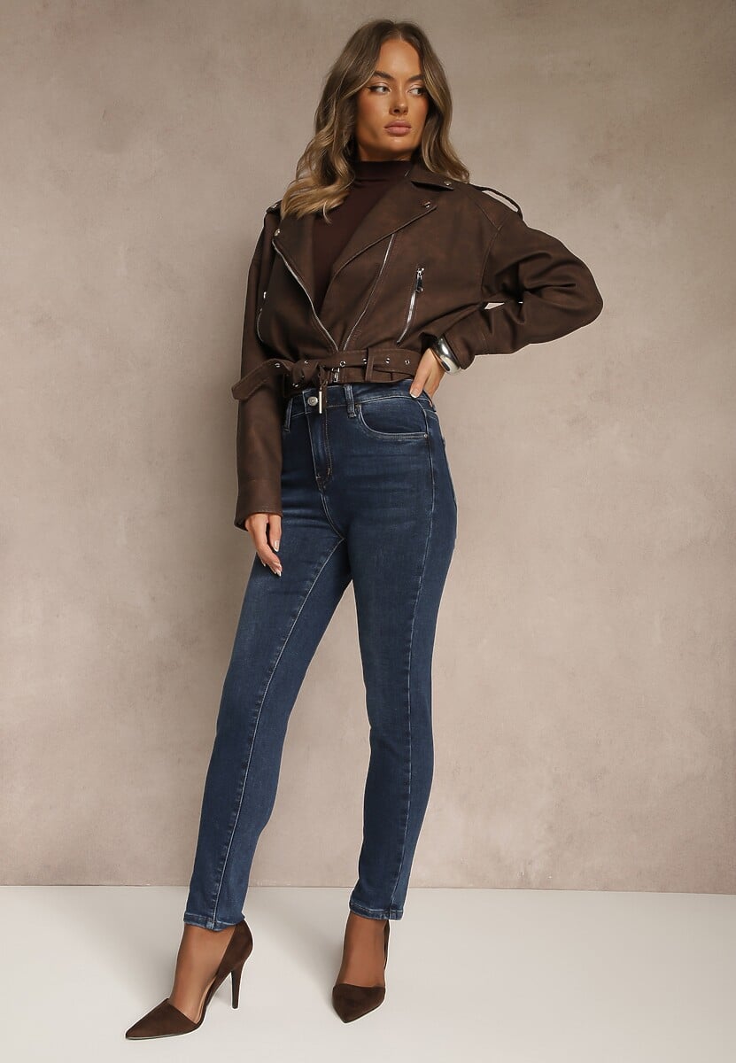 Niebieskie Jeansy o Fasonie Skinny Regular Waist Razella