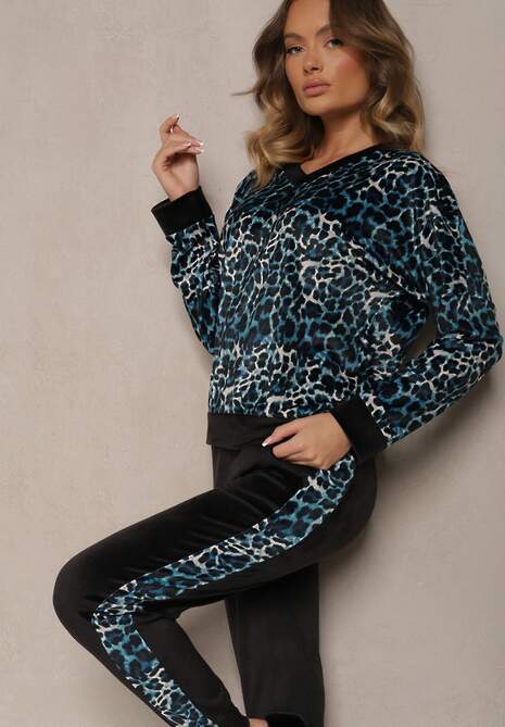 Niebiesko-Czarny Komplet Dresowy Welurowy Bluza i Joggery w Panterkę Froliti