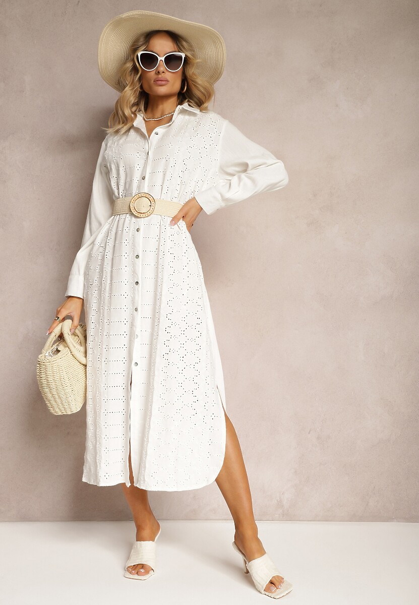 Biała Ażurowa Sukienka o Koszulowym Kroju z Wiskozy i Lnu z Rozcięciami i Guzikami Sannesti