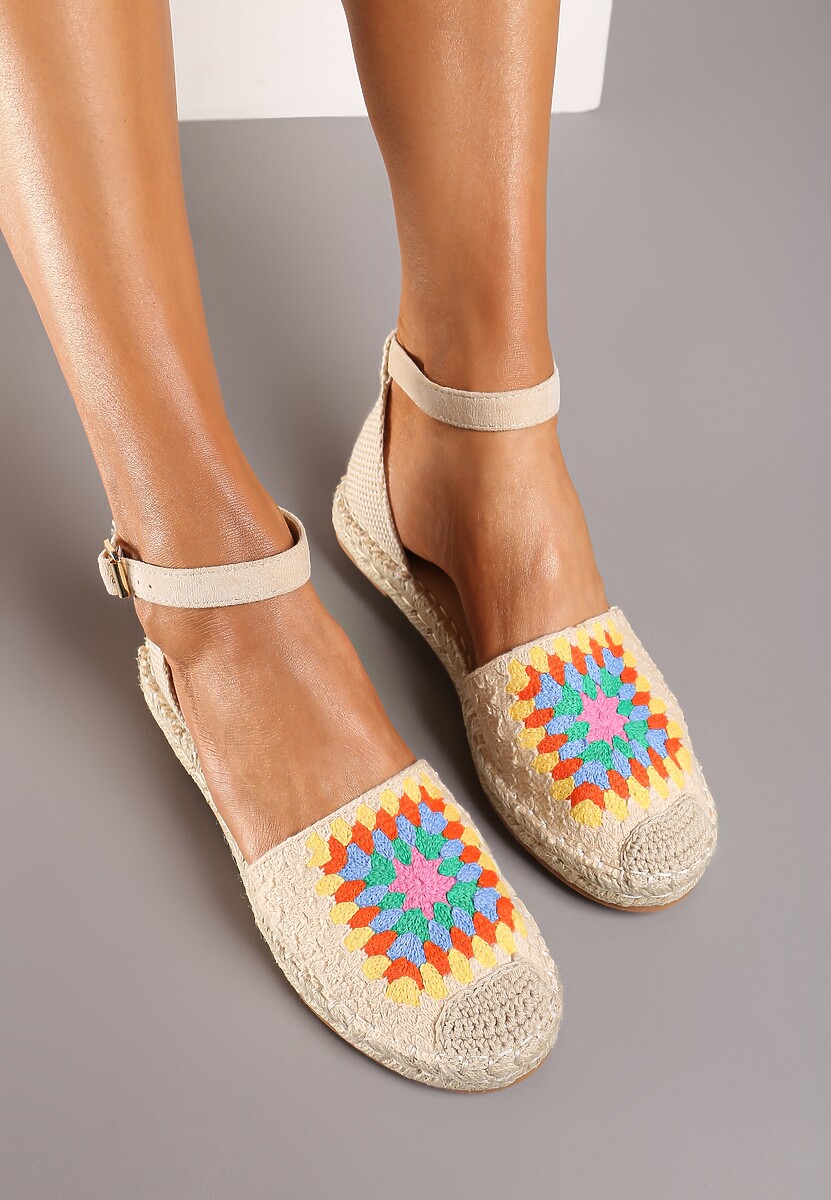 Beżowe Espadryle na Płaskiej Podeszwie Zapinane na Sprzączkę z Plecioną Podeszwą Laveda